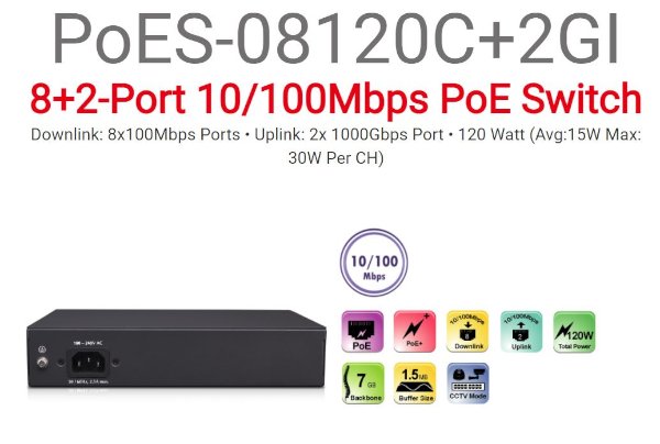 תמונה של סוויץ 2PORT UPLOAD 1GB + Provision PoES-08120C+2GI 8port 10/100